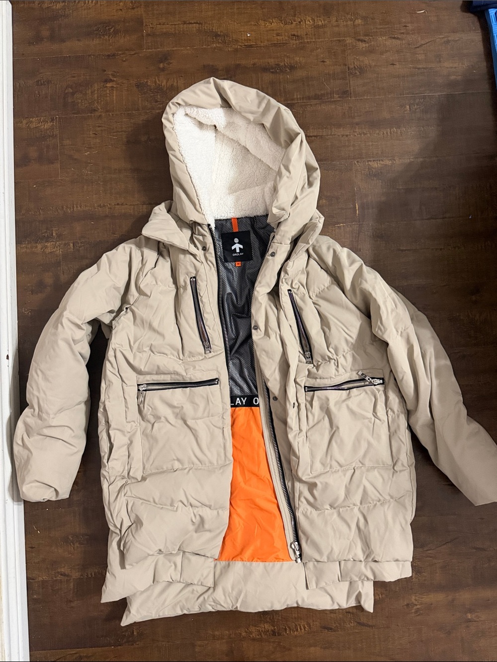 Beige Puffer Coat with Orange Lining